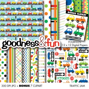 Traffic Jam Digital Papers - Digital Transportation Paper Pack - Instant Download