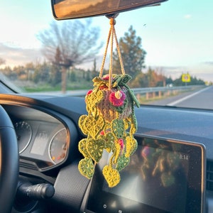Personalized Crochet Plant for Car Mirror, Crochet Car Hanging Gift For Woman, Handmade Plant for Car Interior, Custom Boho Car Accessory