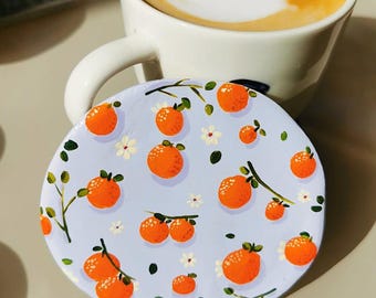 Handmade Ceramic Coasters Set of 4 or Individual Oranges | Hand-Painted Drink Coaster | Ceramic Fruit Kitchen Decor Set | Housewarming Gift