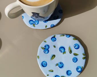 Handmade Blueberry Ceramic Coasters Set of 4 or Individual Hand-Painted Drink Coaster | Ceramic Fruit Kitchen Decor Set | Housewarming Gift