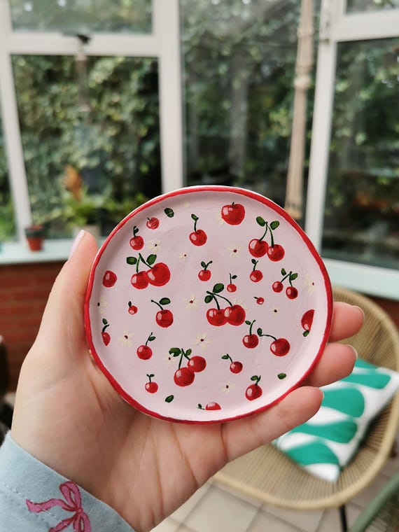 Handmade Cherry Trinket Dish | Hand-painted Clay Jewelry Bowl