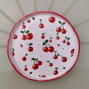 Handmade clay trinket dish | Hand Painted cherry jewellery bowl | Cute Fruit trinket tray cherries | Mom Gift Ceramic Ring dish Gift for her
