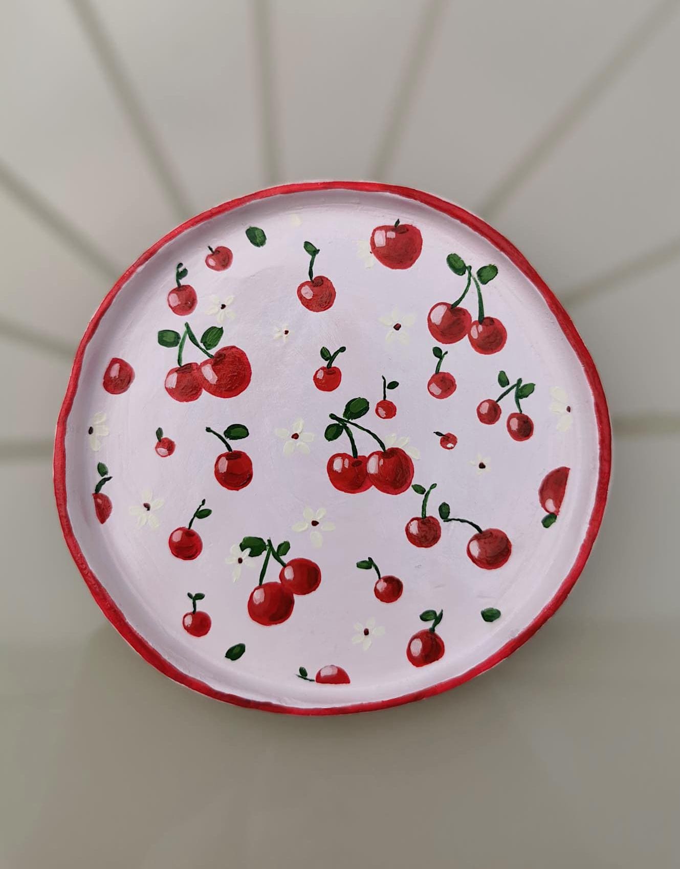 Handmade Cherry Trinket Dish | Hand-painted Clay Jewelry Bowl