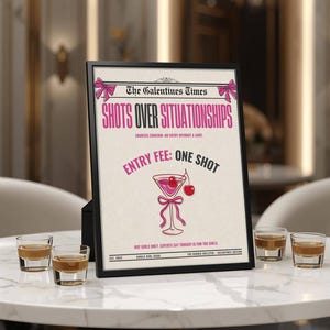 Cartel imprimible de San Valentín con tarifa de entrada para Galentines (periódico), póster rosa para fiesta de chicas, descarga "No seas tímido, tómate un trago".