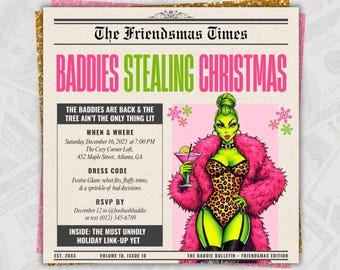 Newspaper Friendsmas Party Flyer: Editable Magazine Christmas Digital Invitation, Adult Ho Ho Hos Girls Night Dinner Invite Canva Template