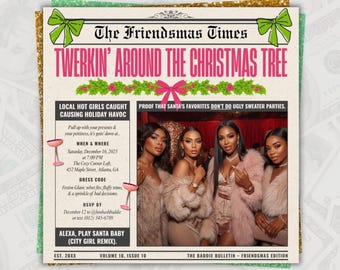 Newspaper Friendsmas Party Flyer: Editable Magazine Christmas Digital Invitation, Adult Ho Ho Hos Girls Night Dinner Invite Canva Template