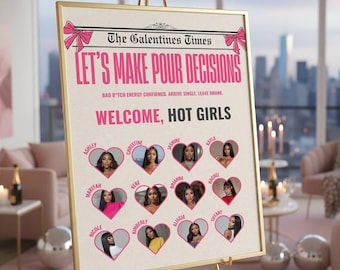 Newspaper Galentines Welcome Sign: Editable Let's Make Pour Decisions Pink Party Poster, Printable Valentines Decor, Girls Night Backdrop