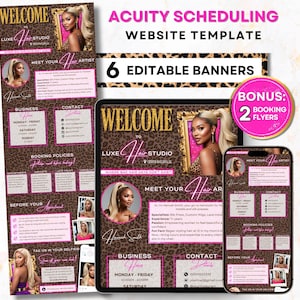 May include: A website template for hair stylists with a leopard print background. The template includes a welcome banner, a meet your hair artist section, business hours, contact information, booking policies, and before your appointment instructions. The template also includes two booking flyers.