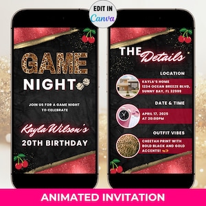 Digital Cheetah Game Night Birthday Invitation- Editable Girls Pajama Party Text Invite, Animated Red Leopard Print Cherry Dinner Template