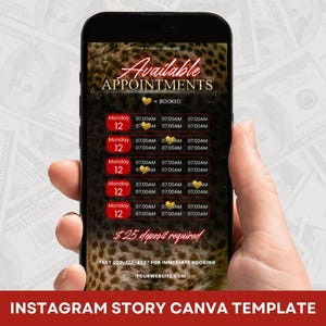 May include: A smartphone screen displays an "Available Appointments" template with a leopard print background. The template shows appointment slots for Monday, with times and a "booked" indicator. The bottom banner reads "INSTAGRAM STORY CANVA TEMPLATE".