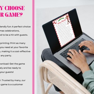 Puede incluir: Un port&aacute;til que muestra un juego de fiesta navide&ntilde;o. La pantalla muestra un borde rojo y blanco con el texto "Christmas Dirty Minds". Una persona est&aacute; usando el port&aacute;til, escribiendo en el teclado.