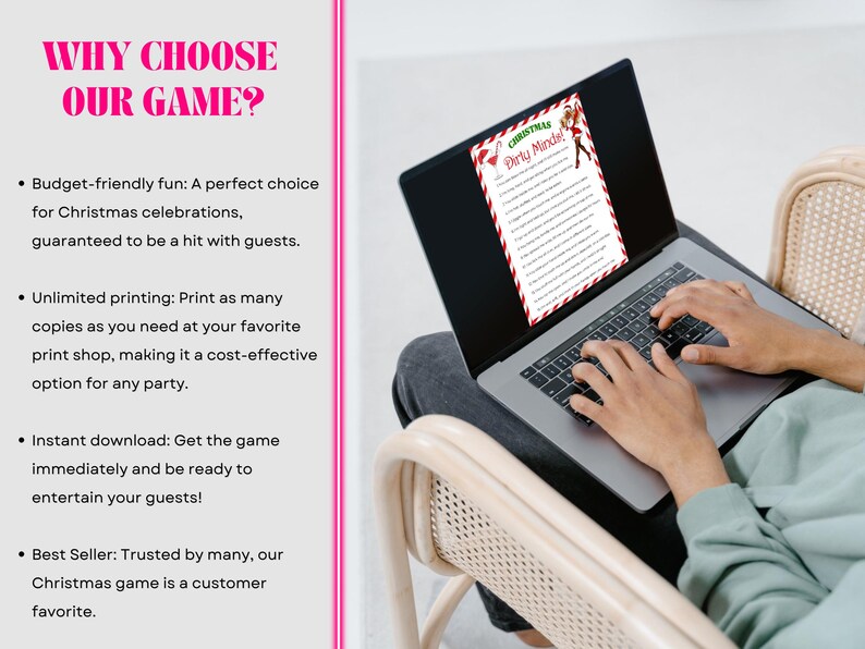 Puede incluir: Un port&aacute;til que muestra un juego de fiesta navide&ntilde;o. La pantalla muestra un borde rojo y blanco con el texto "Christmas Dirty Minds". Una persona est&aacute; usando el port&aacute;til, escribiendo en el teclado.