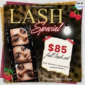 Op de afbeelding: Een promotionele afbeelding voor een wimperservice. De afbeelding toont de tekst "LASH Special" in gouden glitterletters, met een luipaardprint achtergrond. Een filmstrip toont close-up beelden van ogen met wimperextensions. Een bord leest "$85 full lash set".