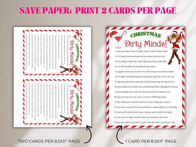 Puede incluir: Dos hojas de papel blanco con bordes a rayas rojas y blancas. Una hoja tiene dos tarjetas y la otra una. Las tarjetas tienen el texto "Christmas Dirty Minds!" y una lista de frases sugerentes.