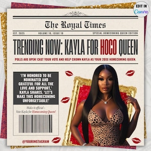 Könnte beinhalten: Grafik im Zeitungsstil mit der Überschrift "TRENDING NOW: KAYLA FOR HOCO QUEEN". Das Bild zeigt eine Frau in einem Oberteil mit Leopardenmuster, umgeben von Lippenstift-Kussspuren. Der Text lautet "Vote Kayla for Homecoming Queen!"