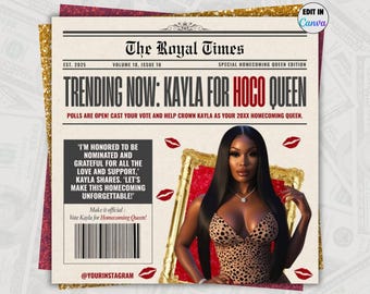 Zeitung Homekommen Königin Flyer Canva Vorlage-Magazin Vote Hoco Prom Wahlkampf, Girl Class Präsident, bearbeitbarer Instagram Post