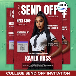 May include: A college send-off invitation featuring a woman in a white collared shirt and black tie. The invitation has a red background with text that reads "SEND OFF" and "KAYLA ROSS". The invitation includes the date, time, and location.