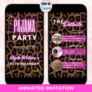 Digital Cheetah Birthday Invitation- Editable Girls Night Pajama Party Text Invite, Animated Pink Leopard Print Dinner Drinks Canva Template