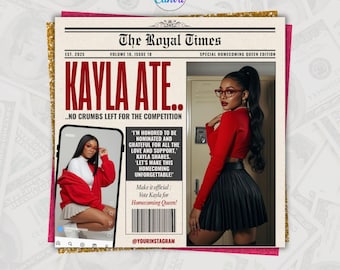 Newspaper Homecoming Queen Flyer Canva Template- Magazine Vote Hoco Prom Election Campaign, Girl Class President, Editable Instagram Post