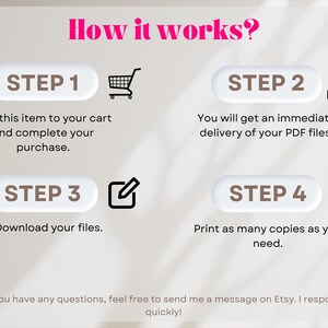 Puede incluir: Gr&aacute;fico que muestra los pasos para comprar un producto digital. Los pasos est&aacute;n numerados e incluyen agregar al carrito, recibir archivos PDF, descargar e imprimir. Texto rosa: "How it works?"