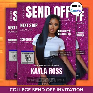 May include: A purple college send-off invitation with a photo of a woman. The invitation includes text such as "Next Stop Dorm Diva" and "Kayla Ross." The invitation also includes a QR code for a college fund.