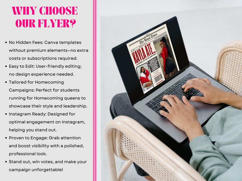 K&ouml;nnte beinhalten: Ein Laptop zeigt ein Flyer-Design mit dem Text "KAYLA ATE" im Zeitungsstil. Der Flyer ist f&uuml;r eine Homecoming-Kampagne. Der Laptop befindet sich auf dem Scho&szlig; einer Person, mit dem Text "WHY CHOOSE OUR FLYER?" sichtbar.