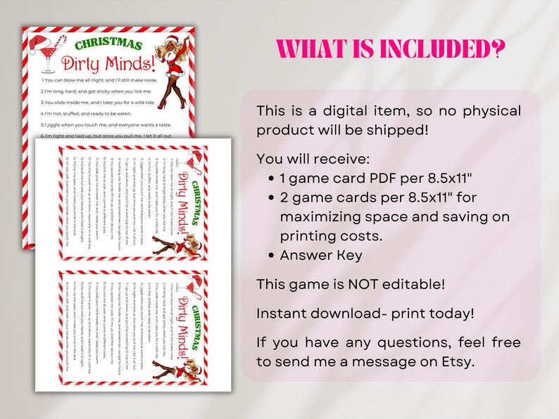 Juego de preguntas y respuestas navideñas picantes: divertido juego de preguntas y respuestas navideño para imprimir, juego de beber para la noche de chicas adultas en Navidad, acertijos picantes para despedidas de soltera. imagen 2