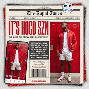 May include: Newspaper-style graphic with the headline "IT'S HOCO SZN" in large red letters. The image features a man in a red jacket and white shorts. Text includes "Vote Jamal for Homecoming King" and "@YOURINSTAGRAM".