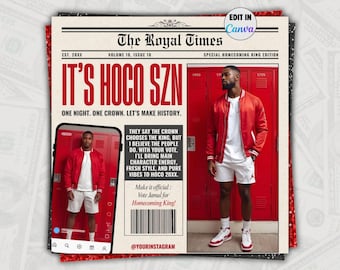 Zeitung Heimkehr König Flyer Canva Vorlage-Magazin Vote Hoco Prom Wahlkampf, Boy Class Präsident, bearbeitbarer Instagram Post