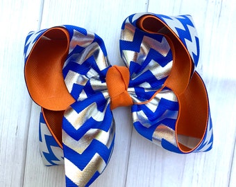 Royal Blue Orange Chevron Hologram Foil Hair Bow ~ Football Cheer Bow ~ Newton County  School Uniform Bow ~ Extra Large Hair Bow ~ 5" Bow