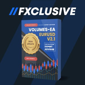 May include: A blue and gold box with the text "FXCLUSIVE PRESENTS" and "EXPERT ADVISOR" on it. The box also has the text "VOLUMES-EA EURUSD V2.1" and a gold seal with the text "2024 UPDATE" on it. The box is on a blue background.