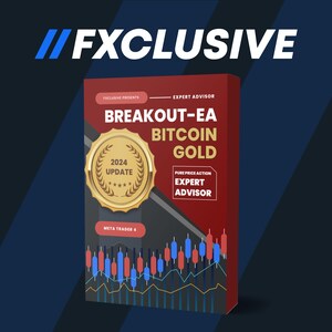 May include: A red and black box with the text "FXCLUSIVE PRESENTS" and "EXPERT ADVISOR" on the top. The box has a gold seal with the text "2024 UPDATE" and a chart with red and blue bars. The text "BREAKOUT-EA BITCOIN GOLD" is in large white letters on the box.