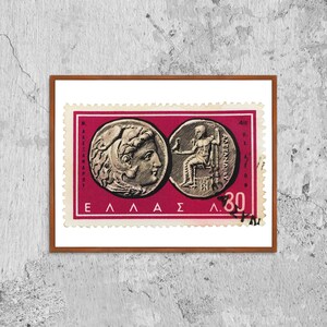 Griechische Briefmarke Silber Tetradrachme Münze Poster Druck Poster gerahmt, historische Briefmarke Wand Kunst Dekor, griechische Briefmarke Wandkunst