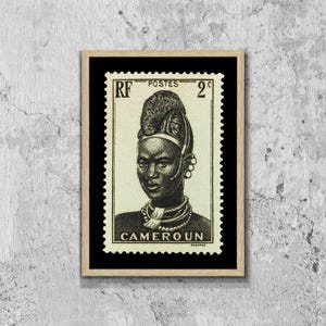 Impresión en lienzo enmarcada con sellos de Camerún, póster de sellos africanos antiguos, impresión de mujer africana, póster de viaje, regalo de arte de pared