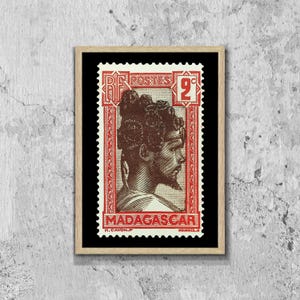 Póster enmarcado con imagen de sello postal africano francés de Madagascar, franqueo de África, póster artístico con rostro de hombre negro, decoración de pared con viajes a África