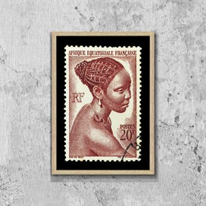Französisch Äquatorial Afrika Briefmarken Kunst Porto gerahmt Leinwanddruck, Vintage afrikanische Briefmarke Plakat, afrikanische Frau Druck, Reiseplakat