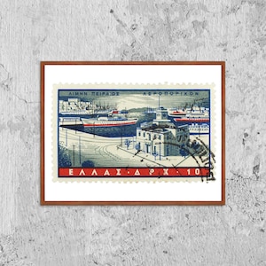 Alter Hafen von Piräus Griechische Briefmarken Druck Poster Gerahmt, Bild Wand Kunst Dekoration, Griechenland Porto, Greek Porto