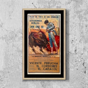 Plaza De Toros De San Sebastian Bull Run Poster Print Framed Canvas, Spain Poster Bullfighting, Travel Tourism Poster, Vintage Home Decor