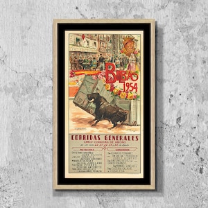Bilbao 1954, Spanish Bullfighting Vintage Art Poster Print Framed Canvas, Lithograph, Matador, Travel Tourism Poster Wall Decor