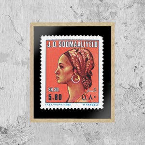 Vintage afrikanische Briefmarke Kunst Porto, Somalia Briefmarke, schwarze Frau Porträtkunst, Gedruckte Bild Wandkunst Dekoration, Reise Poster Drucke