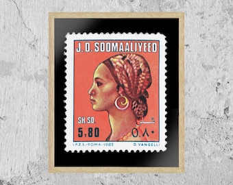 Arte vintage de sellos de Somalia, retrato de mujer negra, póster de viaje