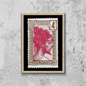 Madagaskar Französische Afrikanische Briefmarke Bild Poster gerahmt, Afrika Porto, Schwarzer Mann Gesicht Kunst Poster, Afrika Reise Wandkunst Dekoration