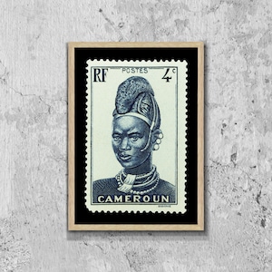 Kamerun Briefmarken Kunst Porto gerahmt Leinwanddruck, Vintage afrikanische Briefmarke Plakat, afrikanische Frau Druck, Reise-Plakat Geschenk Wandkunst