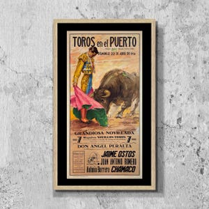 Toros en El Puerto, póster vintage de tauromaquia española, impresión en lienzo enmarcado, litografía, matador, póster de turismo de viajes, decoración de pared
