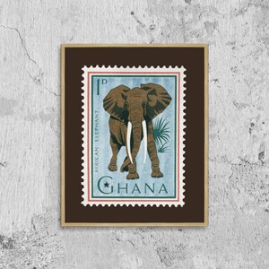 Elefante africano, sello postal de Ghana, póster con imagen enmarcada, franqueo de África, sello de 1p de Ghana, decoración de arte mural con imagen
