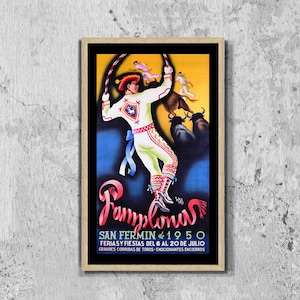 Cartel de viaje español del Festival de San Fermín, ciudad de Pamplona, 1950, lienzo enmarcado, toros, cartel de España, cartel turístico, cartel vintage