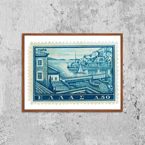 Póster con foto impresa enmarcada de la isla de Hidra, golfo Sarónico, Grecia, sello postal de Grecia, decoración de pared con imagen postal griega