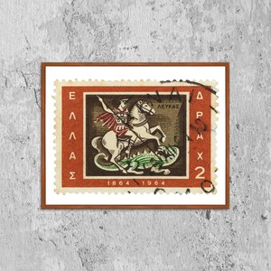 Griechenland Fauna Bauernhof Pferd und Drache Briefmarken Druck Poster gerahmt, Griechenland, griechische Briefmarke, Bild, Wandkunst, Dekoration, Geschenk