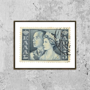 König Paul und Königin Friedrich, Griechische Briefmarke Foto Poster Druck Poster Gerahmt, Bild Wand Kunst Dekoration, Geschenk Stempel Porto