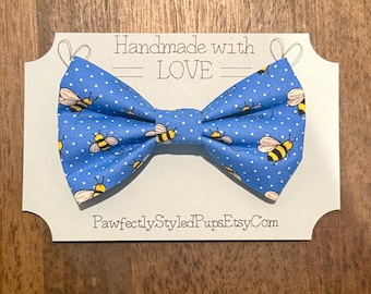 Bumble Bee Dog Bow Tie: Blue or Grey, Spring Pet Collar Accessory